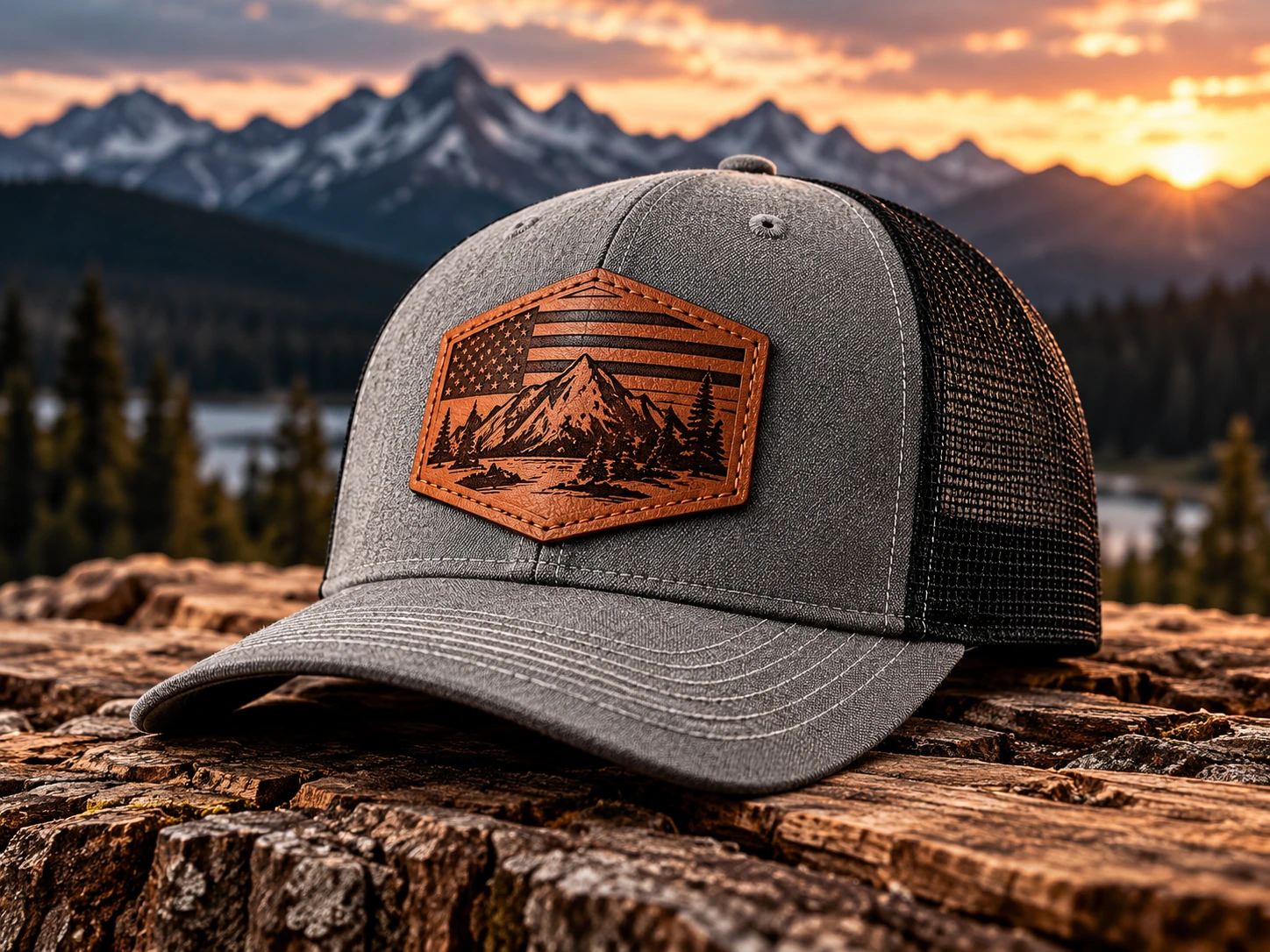 Illustrative high-resolution custom leather patch hat